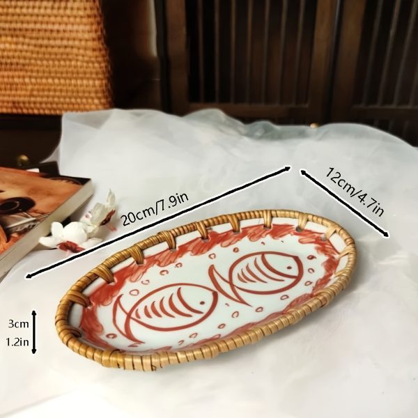 1 X 7.8-Inch Ceramic Woven Patchwork Desktop Storage Tray, Home Porcelain Tea Tray, Snack Plate, and Decorative Dish, Suitable for Hotel and Home Use