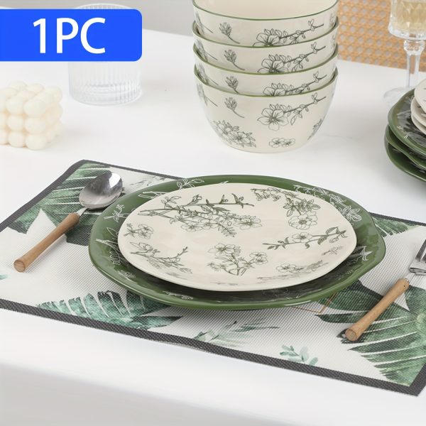 1pc (8-Inch Ceramic Shallow Plate) Artistic Plant Line Drawing Off-White Ceramic Dinner Plate, with a Size of 8.07inch Suitable for Home-Cooked Dishes, Salads, Pasta, Pizza, Steak, Chicken, Desserts