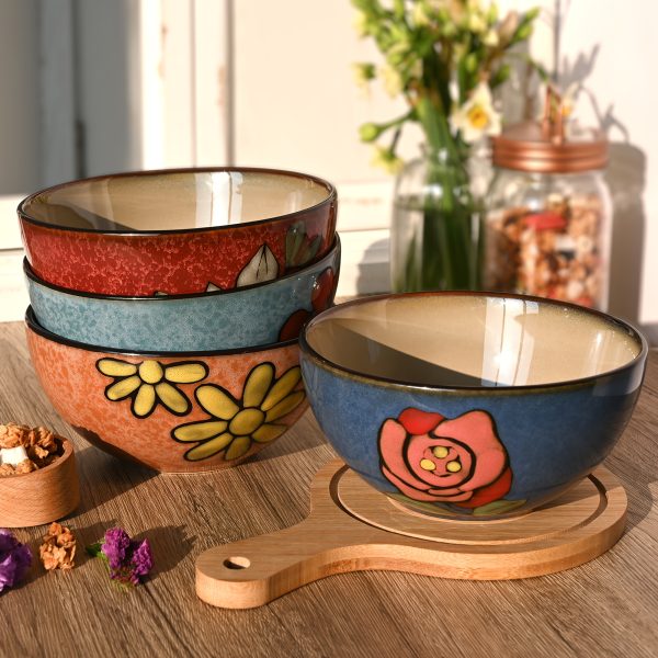 Set of 6 Floral Design Ceramic Bowls, 6 Inches, 28Oz, Suitable for Cereal, Salad, Soup, Dessert, Or Snacks; Safe for Microwave And Dishwasher