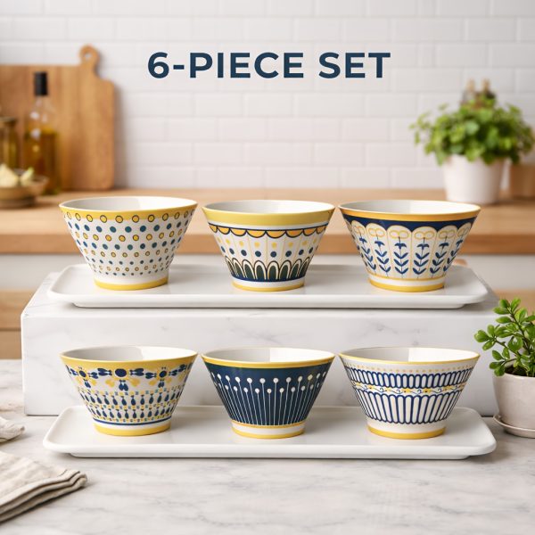 5 Inch Ceramic Bowls Set Of 6, Mixed Pattern Dessert Ice Cream Soup Cereal Snack Rice Chili Salsa Bowls, Microwave & Dishwasher Safe, Lead-Free Tableware