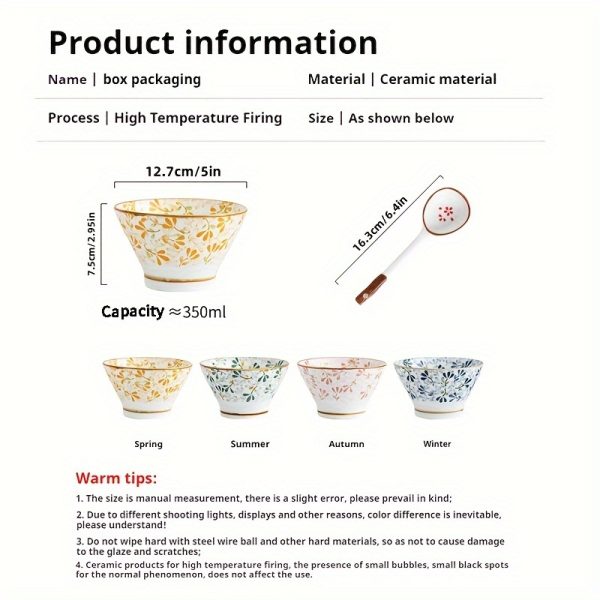 Set of 4 Japanese-Style Ceramic Bowls with Hand-Painted Floral Designs, Suitable for Rice, Salad, Soup, And Pasta. They Feature Underglaze Decoration, Are Kitchenware, Safe And Healthy, And Can Be Used in Ovens And Microwaves