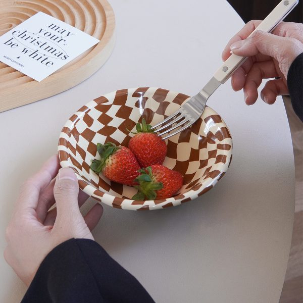 1pc Rose Stripe Ceramic Bowl, Creative Hand-Painted Checkerboard Design Dessert Bowl, Exquisite and Stylish, Suitable for Daily Home Use, Restaurant and Cafe Ice Cream Bowl, Afternoon Tea Cake Bowl, Dessert Bowl, Gift Idea