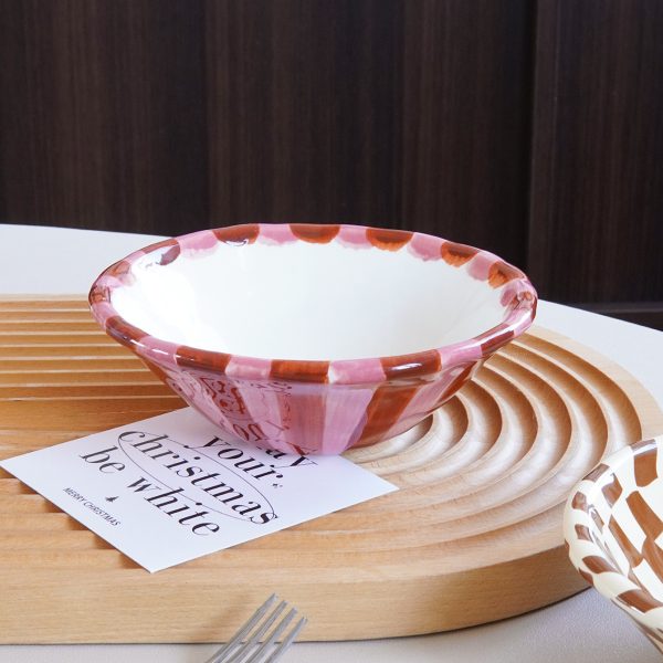 1pc Rose Stripe Ceramic Bowl, Creative Hand-Painted Checkerboard Design Dessert Bowl, Exquisite and Stylish, Suitable for Daily Home Use, Restaurant and Cafe Ice Cream Bowl, Afternoon Tea Cake Bowl, Dessert Bowl, Gift Idea