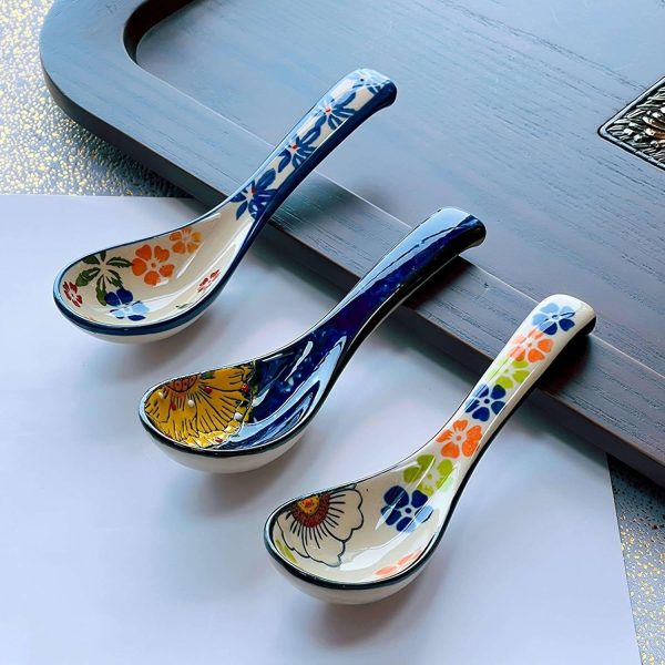 4pcs Bohemian Ceramic Spoon Set, Large Home-Size Soup Spoon, Ramen Spoon, Miso Spoon, Dumpling Spoon, Ceramic Spoon, Ceramic Spoon Set, Soup Spoon, Traditional Hand-Painted Floral Design