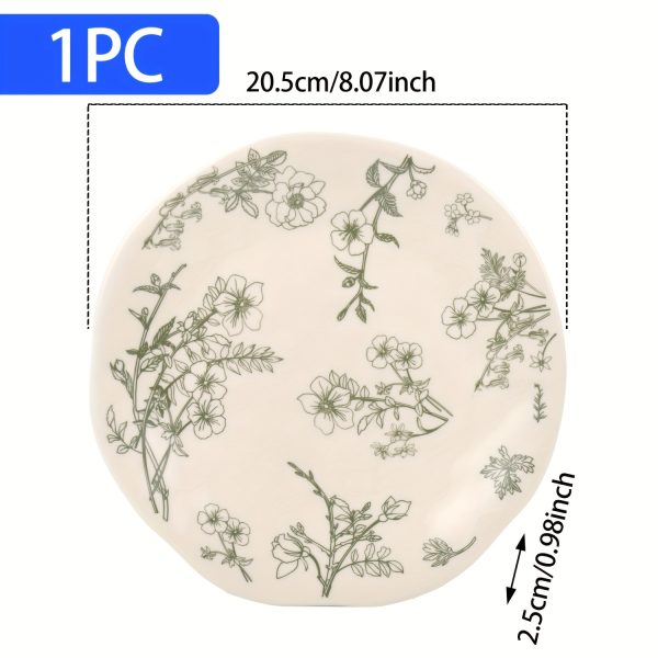 1pc (8-Inch Ceramic Shallow Plate) Artistic Plant Line Drawing Off-White Ceramic Dinner Plate, with a Size of 8.07inch Suitable for Home-Cooked Dishes, Salads, Pasta, Pizza, Steak, Chicken, Desserts