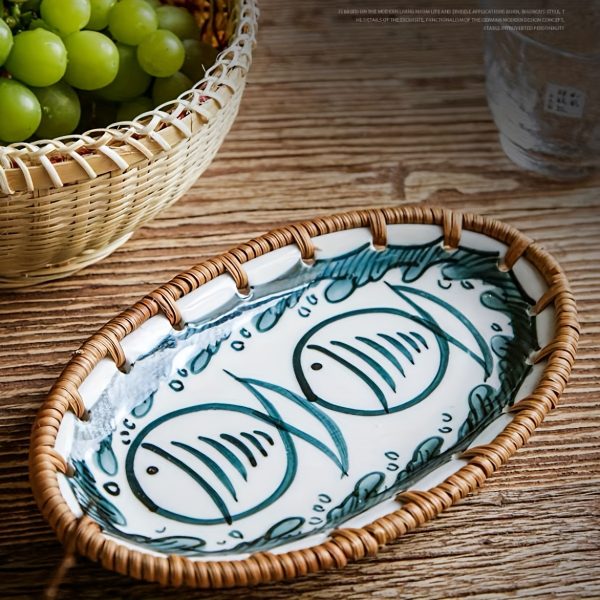 1 X 7.8-Inch Ceramic Woven Patchwork Desktop Storage Tray, Home Porcelain Tea Tray, Snack Plate, and Decorative Dish, Suitable for Hotel and Home Use