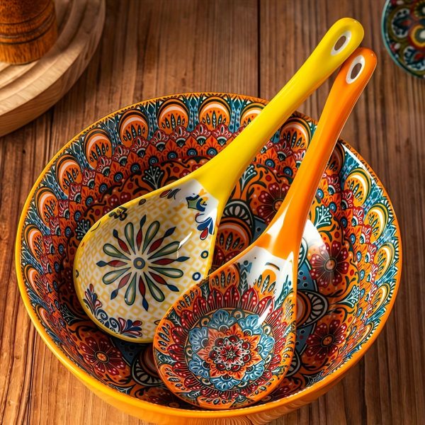 2pcs Bohemian Ceramic Spoon Set, Large Home-Size Soup Spoon, Ramen Spoon, Miso Spoon, Dumpling Spoon, Microwave Safe, Oven Safe, Ceramic Spoon, Ceramic Spoon Set, Soup Spoon, Soup Spoon Set