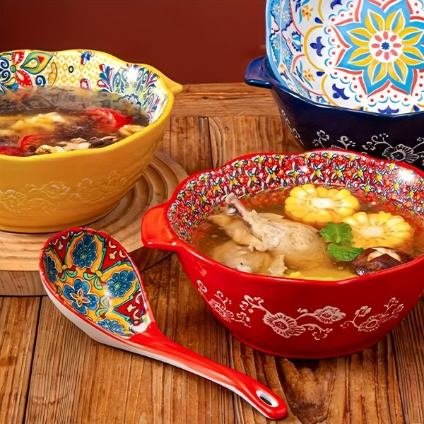 2pcs Bohemian Ceramic Spoon Set, Large Home-Size Soup Spoon, Ramen Spoon, Miso Spoon, Dumpling Spoon, Microwave Safe, Oven Safe, Ceramic Spoon, Ceramic Spoon Set, Soup Spoon, Soup Spoon Set