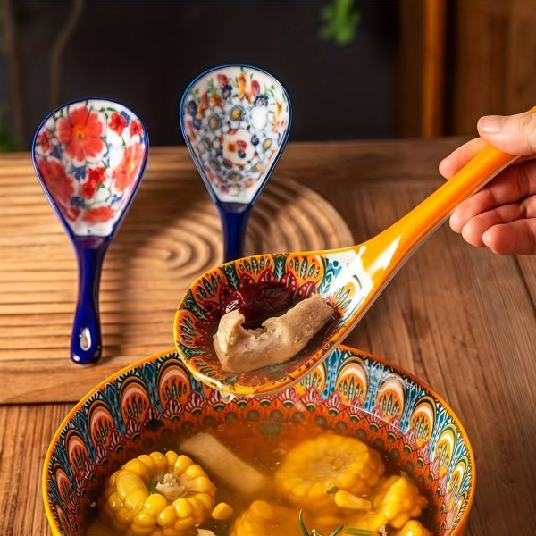 2pcs Bohemian Ceramic Spoon Set, Large Home-Size Soup Spoon, Ramen Spoon, Miso Spoon, Dumpling Spoon, Microwave Safe, Oven Safe, Ceramic Spoon, Ceramic Spoon Set, Soup Spoon, Soup Spoon Set