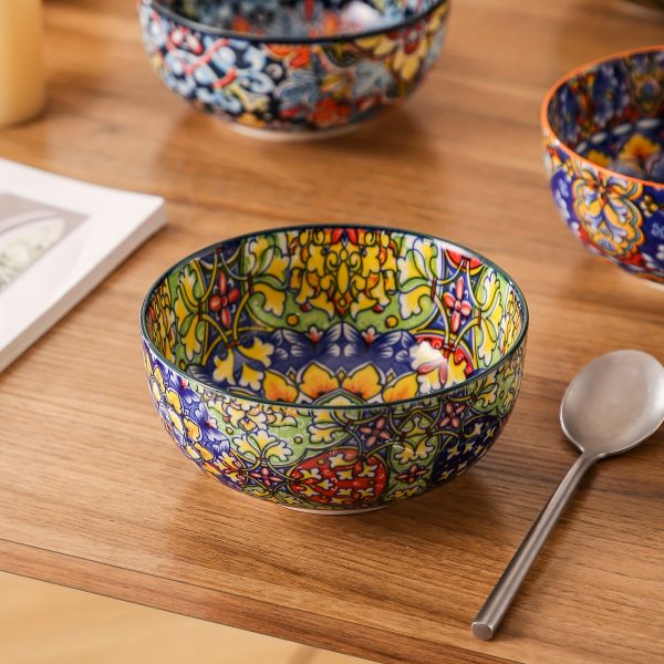 Cereal Bowls Set Of 6, Bohemian Soup Bowls, Colorful Ceramic Serving Bowls for Kitchen, Breakfast, Boho Decorative Bowls, Microwave Oven Safe Bowls for Salad, Pasta, Oatmeal, Kitchen Gadgets