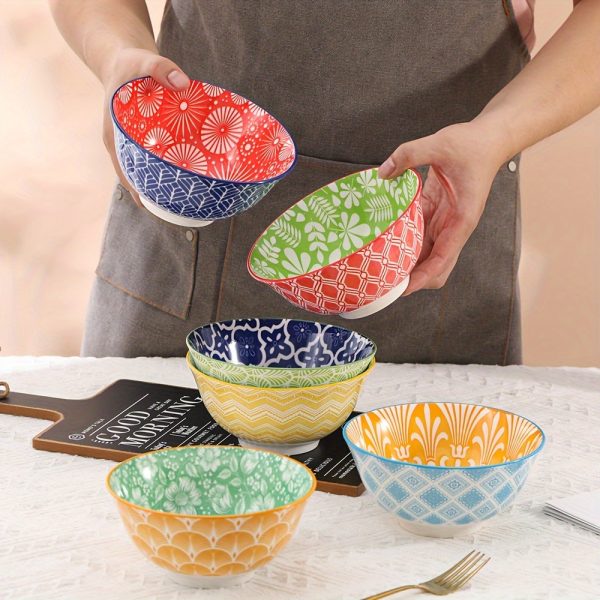 6pcs Colorful Kitchen Ceramic Serving Bowls - Cute Deep Bowl Set for Snacks, Desserts, Rice, Soup, Cereal, Ramen - Microwave and Dishwasher Safe - Ideal for Housewarming and Parties Gift -Christmas Halloween