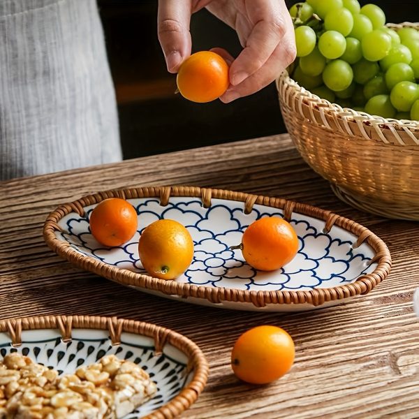 1 X 7.8-Inch Ceramic Woven Patchwork Desktop Storage Tray, Home Porcelain Tea Tray, Snack Plate, and Decorative Dish, Suitable for Hotel and Home Use