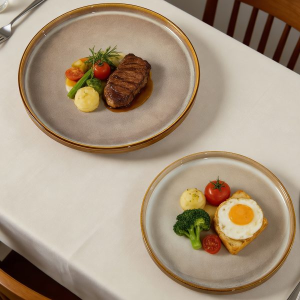 1pc of an 8u002F10 Inch Flat-Bottom Ceramic Plate, Fired in a Kiln And Colored Yellow, Ideal for Serving Dishes Like Desserts, Pasta, Steamed Fish, And Steaks. This Is a High-Quality, Long-Lasting Tableware Suitable for Restaurants
