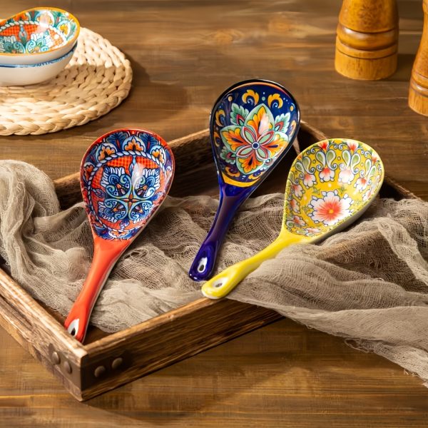 Bohemian Ceramic Spoon Set Home Large Size Kitchen Spoon for Soup, Large Ladle for Serving Soup, Noodle Soup Spoon, Ceramic Spoon, Miso Soup Spoon Dumpling, Microwave And Oven Safe