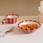 1pc Rose Stripe Ceramic Bowl, Creative Hand-Painted Checkerboard Design Dessert Bowl, Exquisite and Stylish, Suitable for Daily Home Use, Restaurant and Cafe Ice Cream Bowl, Afternoon Tea Cake Bowl, Dessert Bowl, Gift Idea