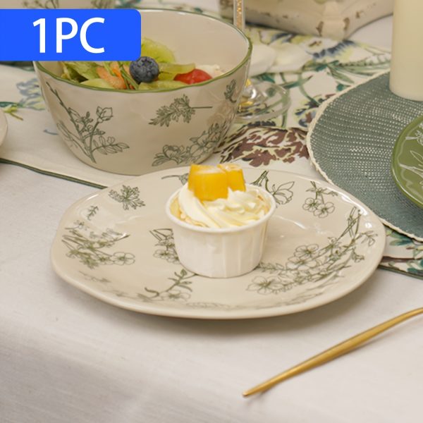 1pc (8-Inch Ceramic Shallow Plate) Artistic Plant Line Drawing Off-White Ceramic Dinner Plate, with a Size of 8.07inch Suitable for Home-Cooked Dishes, Salads, Pasta, Pizza, Steak, Chicken, Desserts