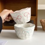 1pc Bow Ceramic Rice Bowl, Creative Design with Embossed Bow Ceramic Bowl, Light Meal Salad Bowl, Suitable for Daily Home Use, Restaurant Service Tableware, Living Room Fruit Bowl, Afternoon Tea Dessert Bowl, Gift for Present