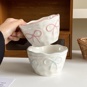1pc Bow Ceramic Rice Bowl, Creative Design with Embossed Bow Ceramic Bowl, Light Meal Salad Bowl, Suitable for Daily Home Use, Restaurant Service Tableware, Living Room Fruit Bowl, Afternoon Tea Dessert Bowl, Gift for Present