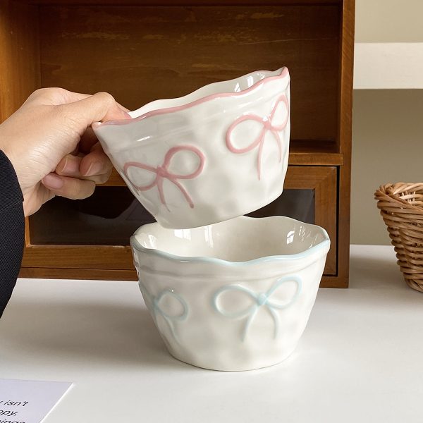 1pc Bow Ceramic Rice Bowl, Creative Design with Embossed Bow Ceramic Bowl, Light Meal Salad Bowl, Suitable for Daily Home Use, Restaurant Service Tableware, Living Room Fruit Bowl, Afternoon Tea Dessert Bowl, Gift for Present