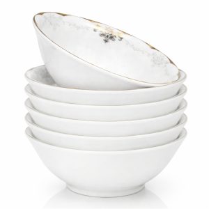 4u002F6pcs 6Inch Luxury European Golden Rim Inner Floral Pattern Soup Bowl Elegant White Porcelain Serving Bowl Premium European Classic Style Fine Dinnerware High End Deep Bowl for Soup Pasta Salad Wedding Banquet Tableware