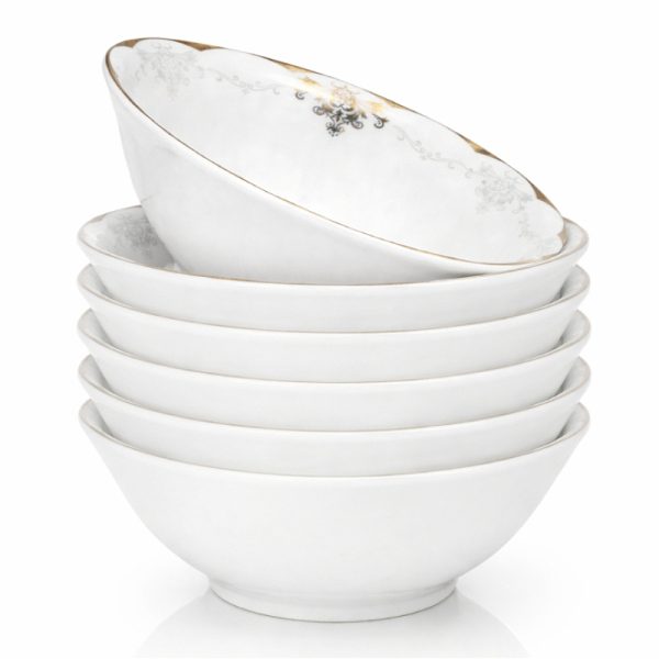 4u002F6pcs 6Inch Luxury European Golden Rim Inner Floral Pattern Soup Bowl Elegant White Porcelain Serving Bowl Premium European Classic Style Fine Dinnerware High End Deep Bowl for Soup Pasta Salad Wedding Banquet Tableware