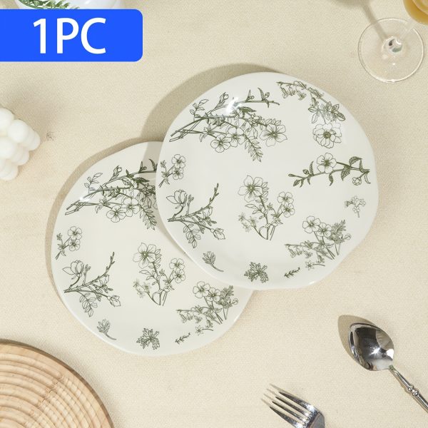 1pc (8-Inch Ceramic Shallow Plate) Artistic Plant Line Drawing Off-White Ceramic Dinner Plate, with a Size of 8.07inch Suitable for Home-Cooked Dishes, Salads, Pasta, Pizza, Steak, Chicken, Desserts