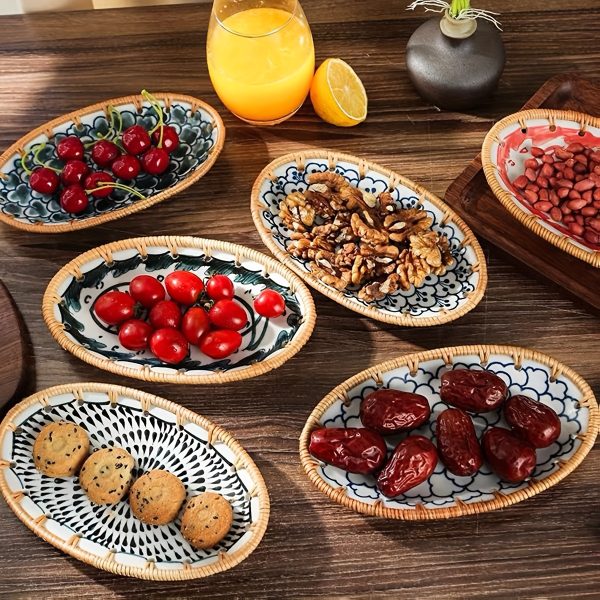 1 X 7.8-Inch Ceramic Woven Patchwork Desktop Storage Tray, Home Porcelain Tea Tray, Snack Plate, and Decorative Dish, Suitable for Hotel and Home Use