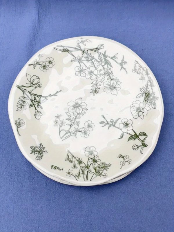 1pc (8-Inch Ceramic Shallow Plate) Artistic Plant Line Drawing Off-White Ceramic Dinner Plate, with a Size of 8.07inch Suitable for Home-Cooked Dishes, Salads, Pasta, Pizza, Steak, Chicken, Desserts