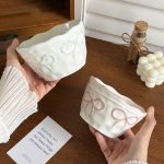 1pc Bow Ceramic Rice Bowl, Creative Design with Embossed Bow Ceramic Bowl, Light Meal Salad Bowl, Suitable for Daily Home Use, Restaurant Service Tableware, Living Room Fruit Bowl, Afternoon Tea Dessert Bowl, Gift for Present