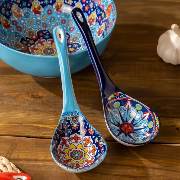 Bohemian Ceramic Spoon Set Home Large Size Kitchen Spoon for Soup, Large Ladle for Serving Soup, Noodle Soup Spoon, Ceramic Spoon, Miso Soup Spoon Dumpling, Microwave And Oven Safe