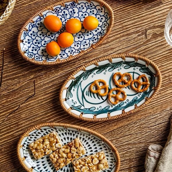 1 X 7.8-Inch Ceramic Woven Patchwork Desktop Storage Tray, Home Porcelain Tea Tray, Snack Plate, and Decorative Dish, Suitable for Hotel and Home Use