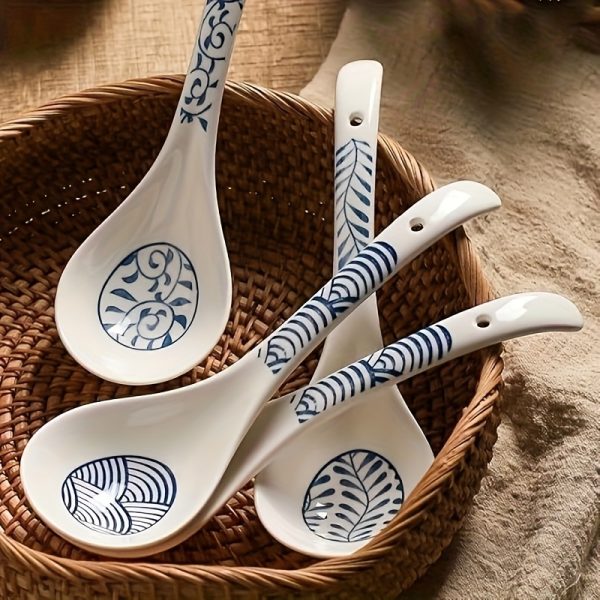 2pcs Ceramic Long-Handled Soup Spoons - Large Capacity, 9-Inch Japanese Blue and White Ceramic Soup Spoons, Suitable for Kitchen and Dining, Durable and Easy-to-Clean Tableware, Dishwasher Safe