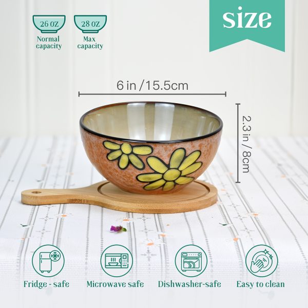 Set of 6 Floral Design Ceramic Bowls, 6 Inches, 28Oz, Suitable for Cereal, Salad, Soup, Dessert, Or Snacks; Safe for Microwave And Dishwasher