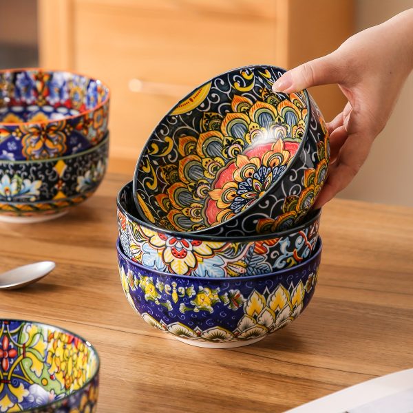 Cereal Bowls Set Of 6, Bohemian Soup Bowls, Colorful Ceramic Serving Bowls for Kitchen, Breakfast, Boho Decorative Bowls, Microwave Oven Safe Bowls for Salad, Pasta, Oatmeal, Kitchen Gadgets