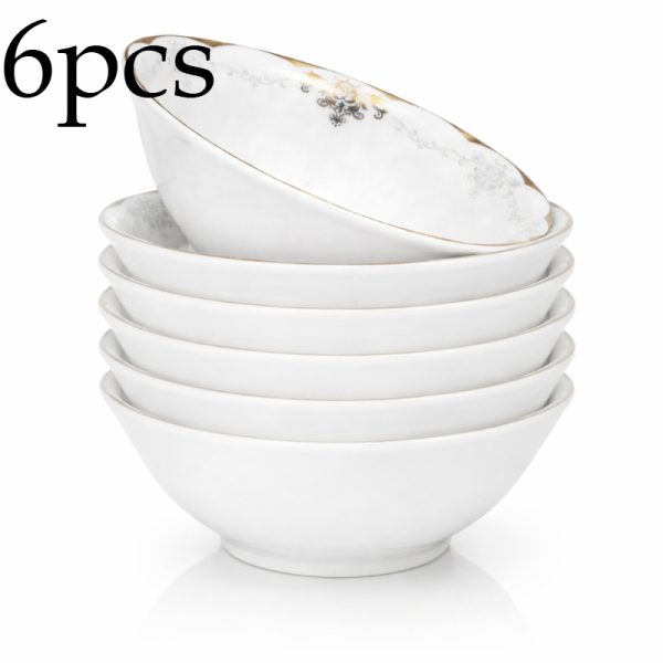 4u002F6pcs 6Inch Luxury European Golden Rim Inner Floral Pattern Soup Bowl Elegant White Porcelain Serving Bowl Premium European Classic Style Fine Dinnerware High End Deep Bowl for Soup Pasta Salad Wedding Banquet Tableware
