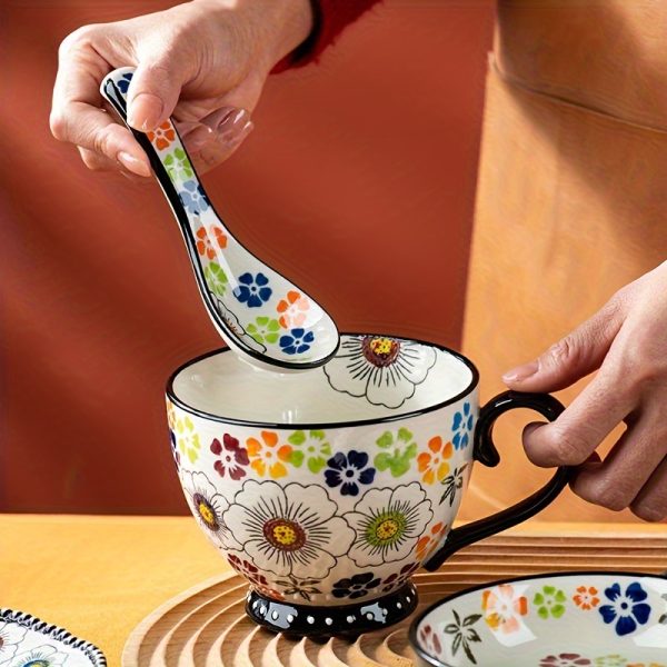 4pcs Bohemian Ceramic Spoon Set, Large Home-Size Soup Spoon, Ramen Spoon, Miso Spoon, Dumpling Spoon, Ceramic Spoon, Ceramic Spoon Set, Soup Spoon, Traditional Hand-Painted Floral Design