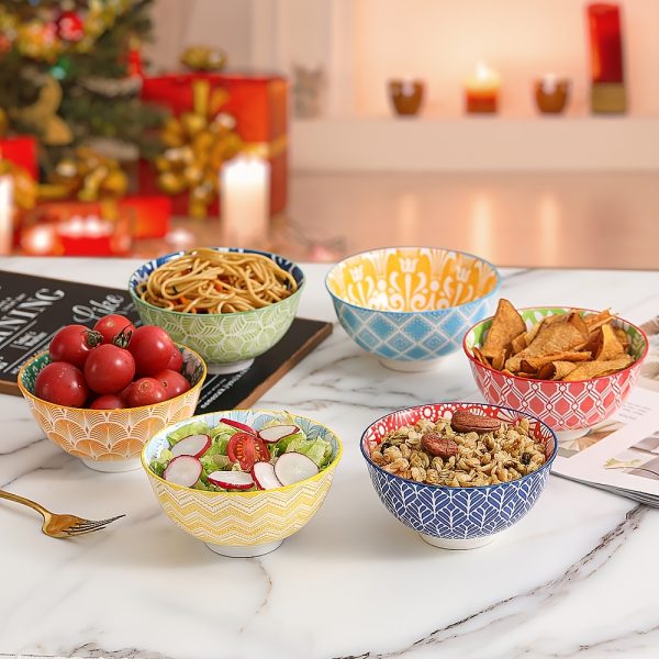 6pcs Colorful Kitchen Ceramic Serving Bowls - Cute Deep Bowl Set for Snacks, Desserts, Rice, Soup, Cereal, Ramen - Microwave and Dishwasher Safe - Ideal for Housewarming and Parties Gift -Christmas Halloween