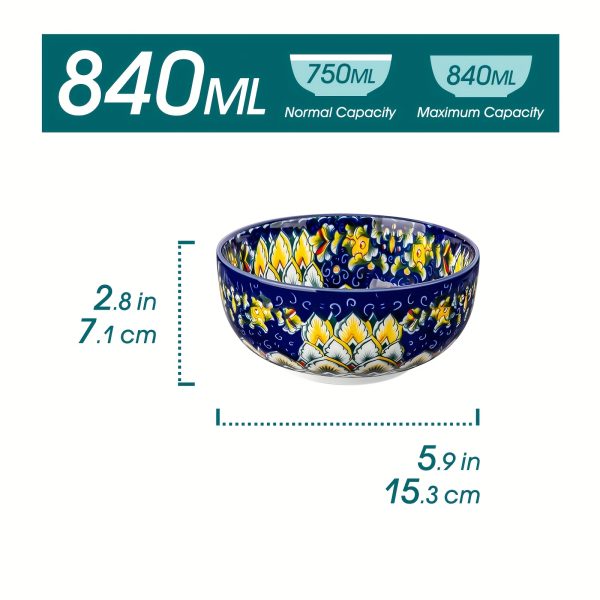 Cereal Bowls Set Of 6, Bohemian Soup Bowls, Colorful Ceramic Serving Bowls for Kitchen, Breakfast, Boho Decorative Bowls, Microwave Oven Safe Bowls for Salad, Pasta, Oatmeal, Kitchen Gadgets