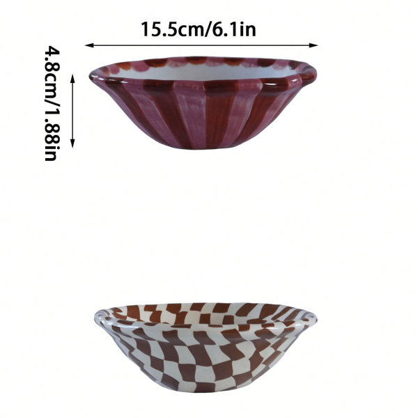 1pc Rose Stripe Ceramic Bowl, Creative Hand-Painted Checkerboard Design Dessert Bowl, Exquisite and Stylish, Suitable for Daily Home Use, Restaurant and Cafe Ice Cream Bowl, Afternoon Tea Cake Bowl, Dessert Bowl, Gift Idea