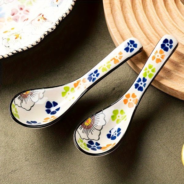 4pcs Bohemian Ceramic Spoon Set, Large Home-Size Soup Spoon, Ramen Spoon, Miso Spoon, Dumpling Spoon, Ceramic Spoon, Ceramic Spoon Set, Soup Spoon, Traditional Hand-Painted Floral Design