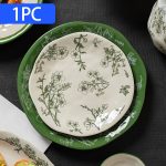 1pc (8-Inch Ceramic Shallow Plate) Artistic Plant Line Drawing Off-White Ceramic Dinner Plate, with a Size of 8.07inch Suitable for Home-Cooked Dishes, Salads, Pasta, Pizza, Steak, Chicken, Desserts