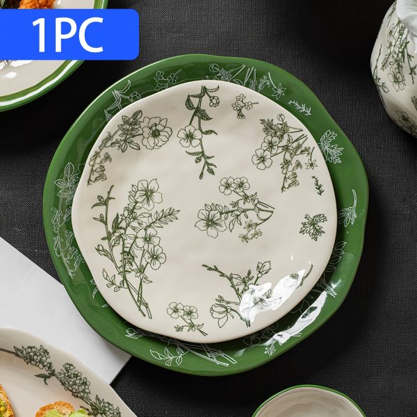 1pc (8-Inch Ceramic Shallow Plate) Artistic Plant Line Drawing Off-White Ceramic Dinner Plate, with a Size of 8.07inch Suitable for Home-Cooked Dishes, Salads, Pasta, Pizza, Steak, Chicken, Desserts