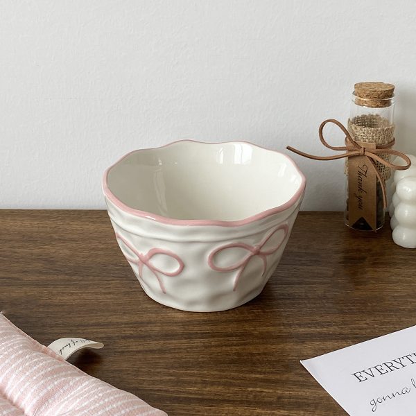 1pc Bow Ceramic Rice Bowl, Creative Design with Embossed Bow Ceramic Bowl, Light Meal Salad Bowl, Suitable for Daily Home Use, Restaurant Service Tableware, Living Room Fruit Bowl, Afternoon Tea Dessert Bowl, Gift for Present