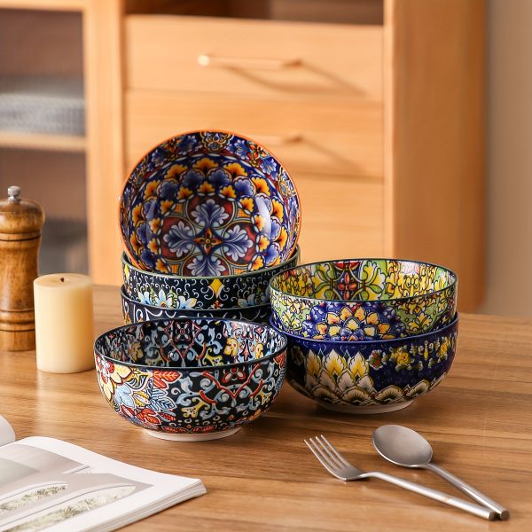Cereal Bowls Set Of 6, Bohemian Soup Bowls, Colorful Ceramic Serving Bowls for Kitchen, Breakfast, Boho Decorative Bowls, Microwave Oven Safe Bowls for Salad, Pasta, Oatmeal, Kitchen Gadgets
