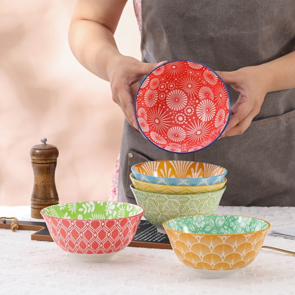 6pcs Colorful Kitchen Ceramic Serving Bowls - Cute Deep Bowl Set for Snacks, Desserts, Rice, Soup, Cereal, Ramen - Microwave and Dishwasher Safe - Ideal for Housewarming and Parties Gift -Christmas Halloween