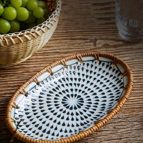 1 X 7.8-Inch Ceramic Woven Patchwork Desktop Storage Tray, Home Porcelain Tea Tray, Snack Plate, and Decorative Dish, Suitable for Hotel and Home Use