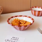 1pc Rose Stripe Ceramic Bowl, Creative Hand-Painted Checkerboard Design Dessert Bowl, Exquisite and Stylish, Suitable for Daily Home Use, Restaurant and Cafe Ice Cream Bowl, Afternoon Tea Cake Bowl, Dessert Bowl, Gift Idea