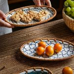 1 X 7.8-Inch Ceramic Woven Patchwork Desktop Storage Tray, Home Porcelain Tea Tray, Snack Plate, and Decorative Dish, Suitable for Hotel and Home Use