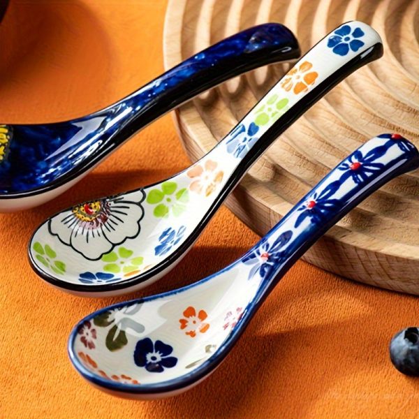 4pcs Bohemian Ceramic Spoon Set, Large Home-Size Soup Spoon, Ramen Spoon, Miso Spoon, Dumpling Spoon, Ceramic Spoon, Ceramic Spoon Set, Soup Spoon, Traditional Hand-Painted Floral Design