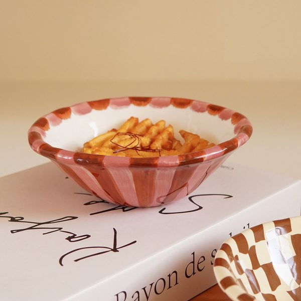 1pc Rose Stripe Ceramic Bowl, Creative Hand-Painted Checkerboard Design Dessert Bowl, Exquisite and Stylish, Suitable for Daily Home Use, Restaurant and Cafe Ice Cream Bowl, Afternoon Tea Cake Bowl, Dessert Bowl, Gift Idea
